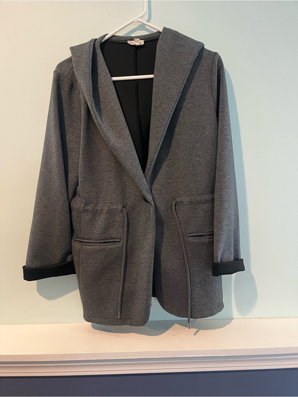 Hem & Thread Women’s Gray Hooded Blazer Drawstring Button Jacket, Size Medium
